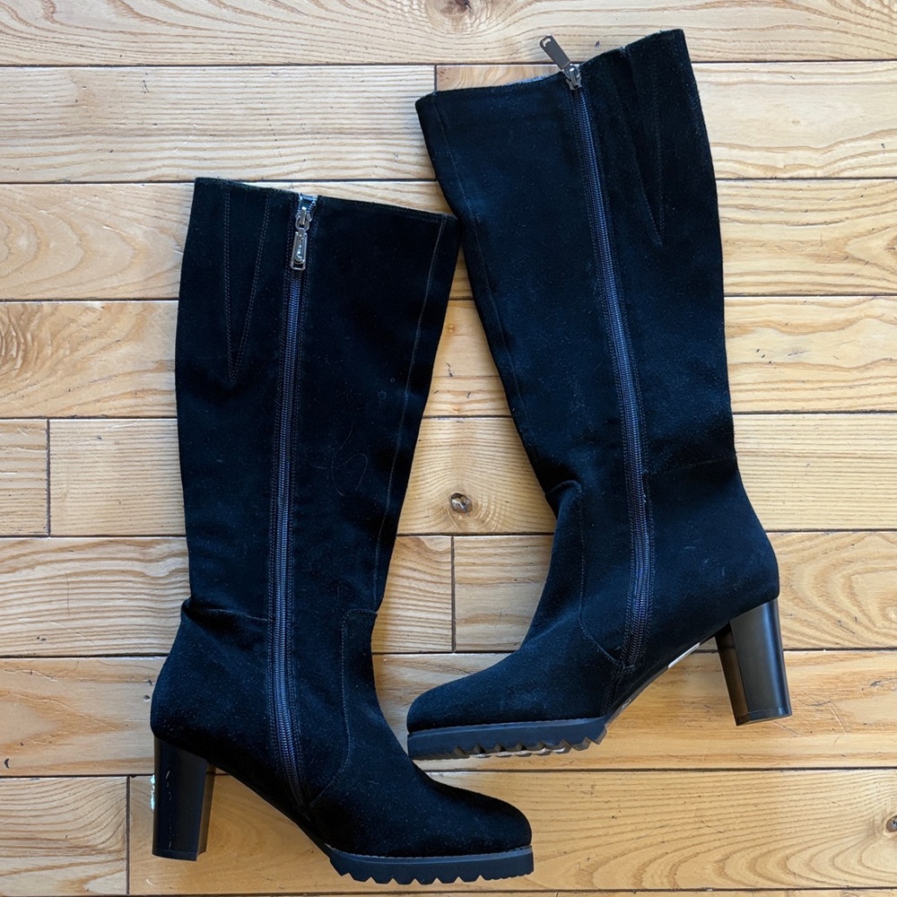 Blondo Black Suede Knee-High Chunky Heel Boots